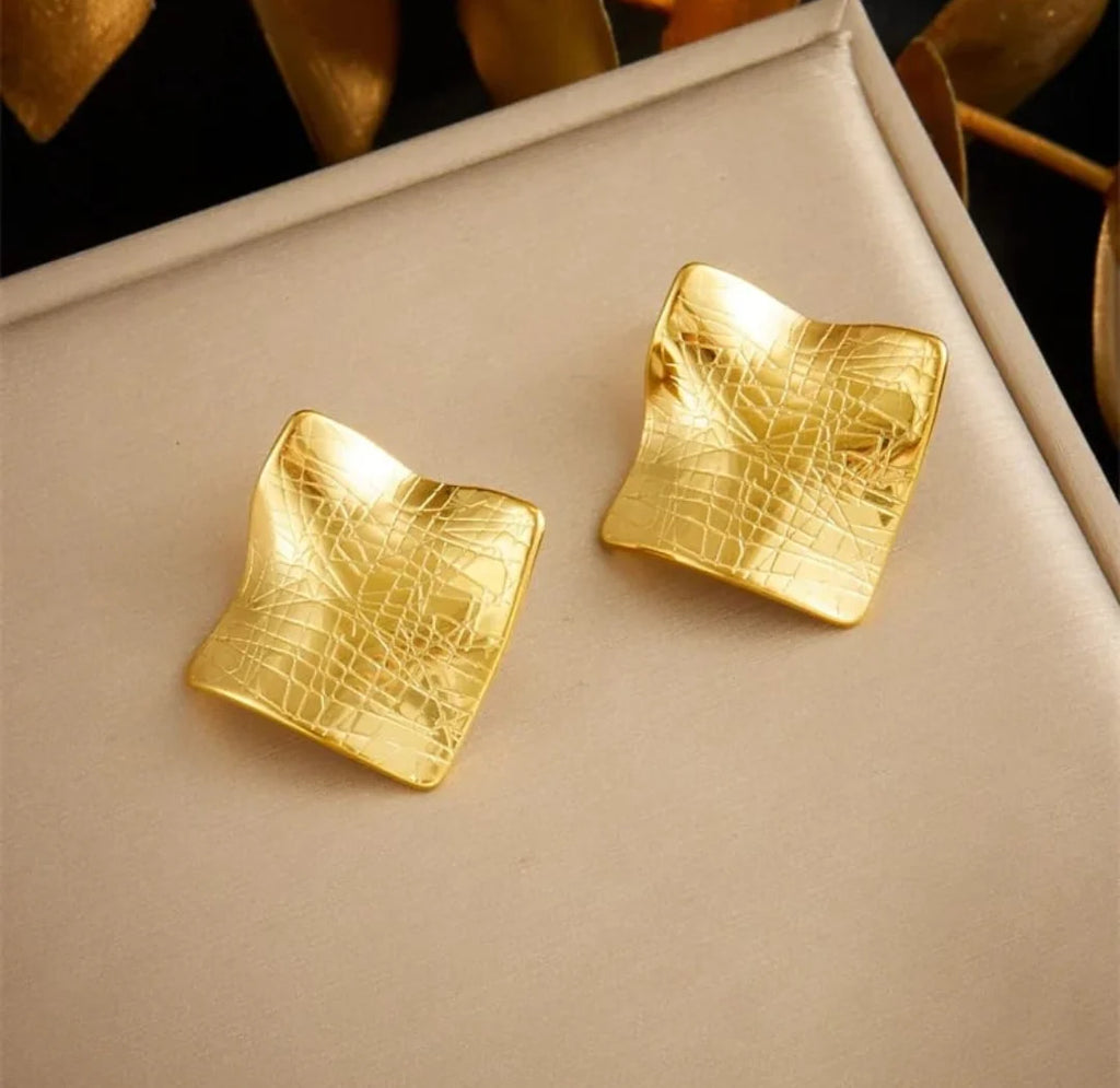 Textured Gold Square Stud Earrings – Bold Sculpted Shine